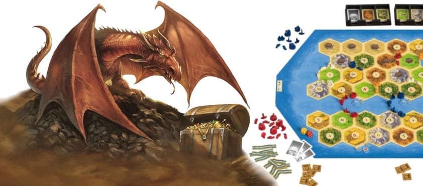 dragon y escenario tesoros, dragones y aventureros catan expansion juego de mesa 